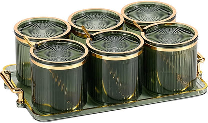 Acrylic Condiment Spice Jars,Condiment Spice Box With Lids and Spoons and Tray,Clear Plastic