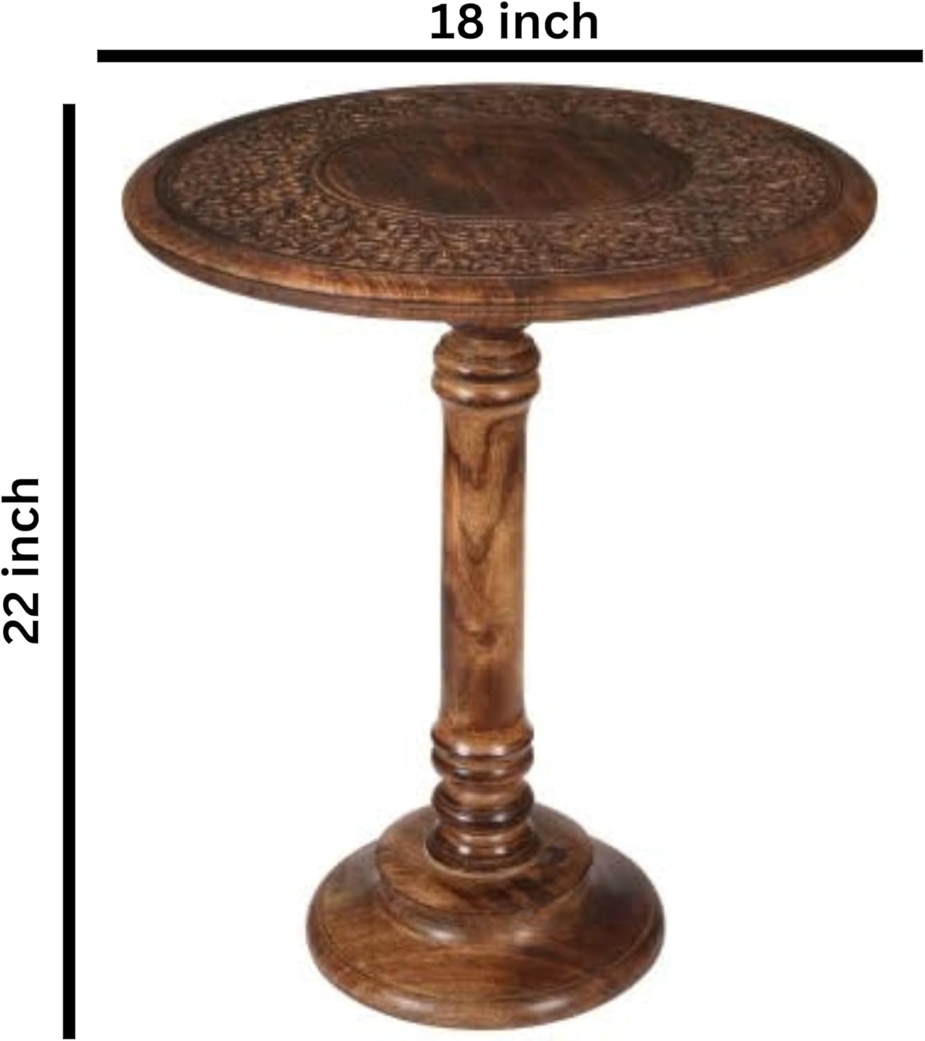 Lightnpro Hand Carved Solid Mango Wood Round Pillar Accent Table - 18" × 22" Rustic Farmhouse Side
