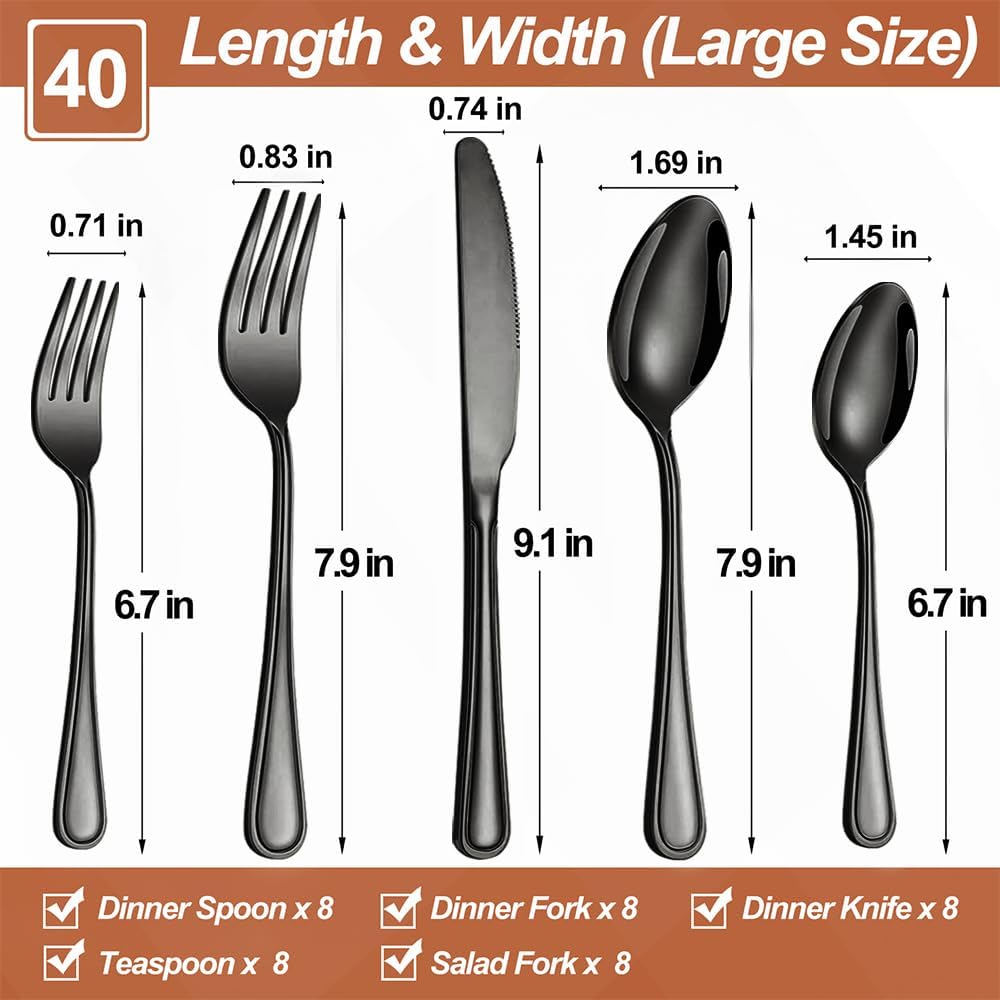 40 Pcs Black Silverware Set for 8 with Simple Striped Handle Design, Food Grade Stainless Steel