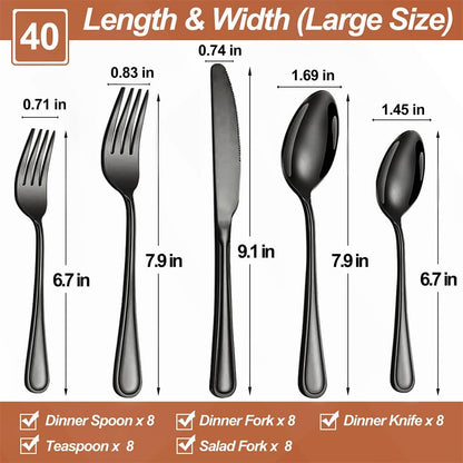 40 Pcs Black Silverware Set for 8 with Simple Striped Handle Design, Food Grade Stainless Steel