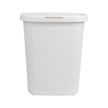 Mind Reader Slim Laundry Hamper with Lid, 50L Clothes Basket, Premium Wicker Design, Plastic, White