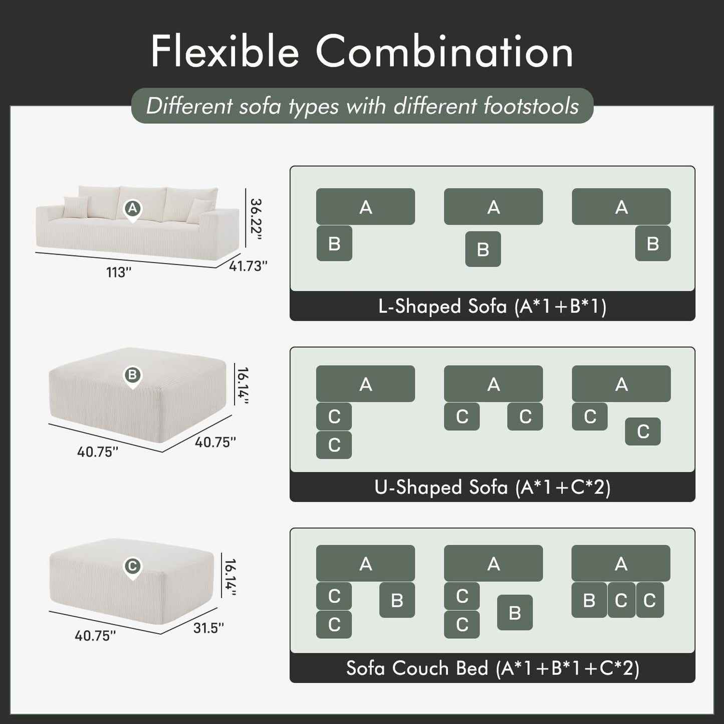 Boneless Sectional Cloud Couch Sofa for Living Room, 112" U-Shaped Modular Modern Lounge Sleeper