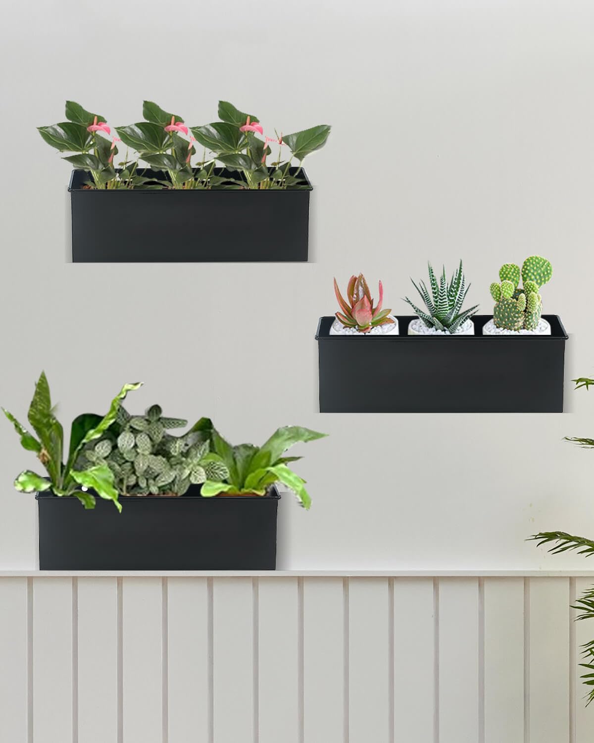 vensovo Metal Wall Hanging Planter Boxes – 12" Rectangle Flower Pots, 3 Pack with Drainage, Durable