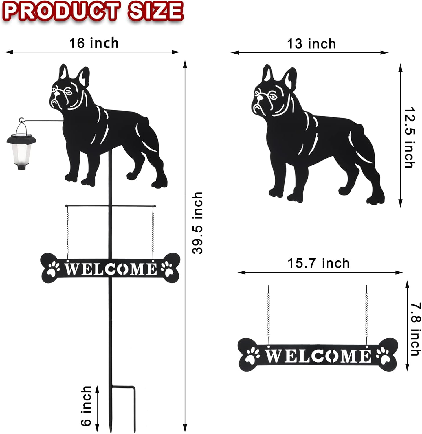 BAYN Solar French Bulldog Silhouette Dog Breed Welcome Sign with a Lantern Outdoor Decorative