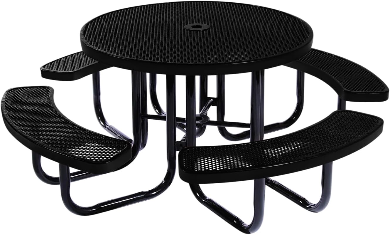 Heavy-Duty Portable Outdoor Picnic Table with Umbrella Hole, Punched Steel Commercial-Grade Patio