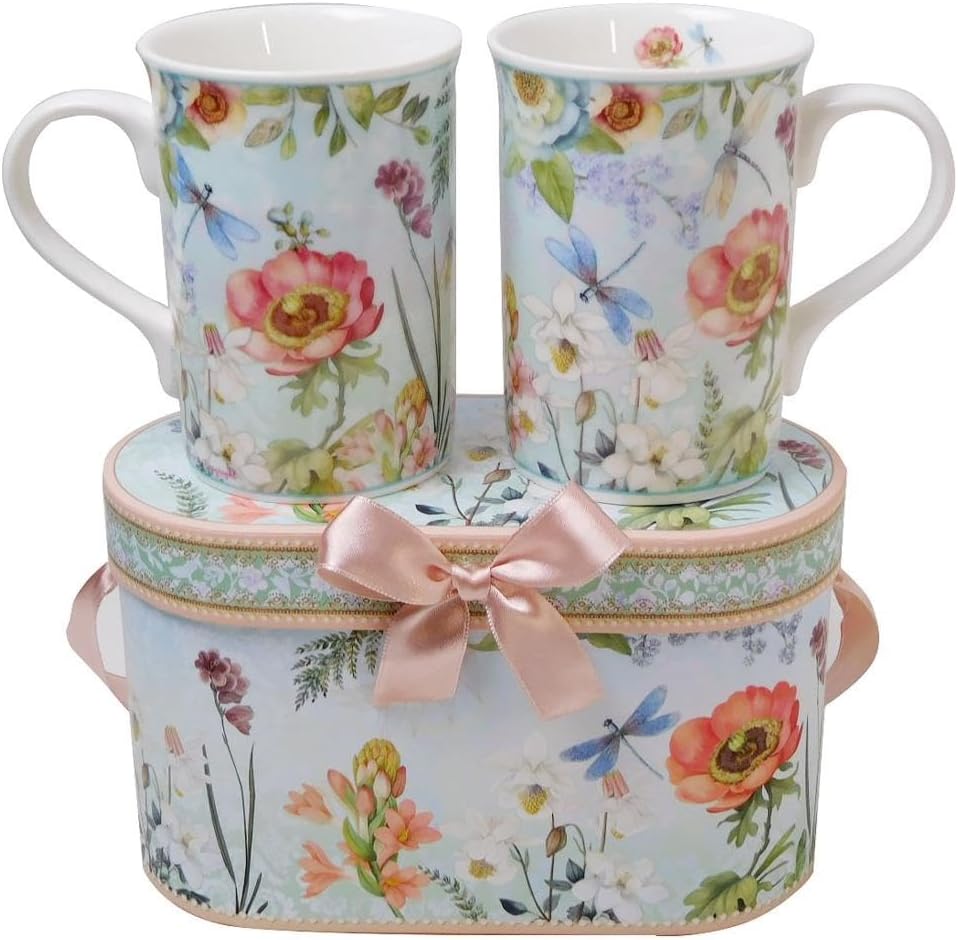 Lightahead Elegant Bone China Two Coffee Mugs Set in Floral Design 10.8 oz Each Cup in Attractive