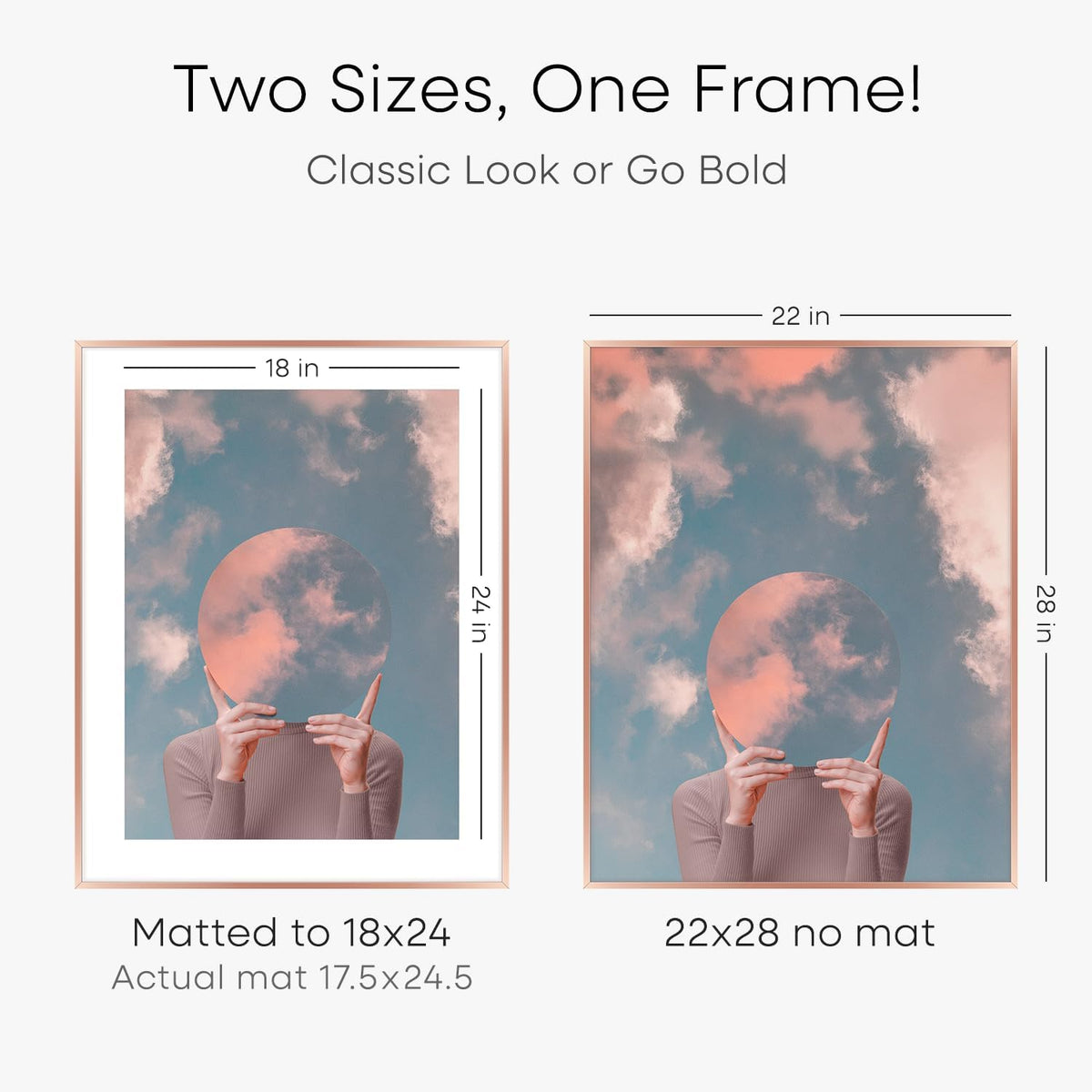 Homeforia 22x28 Rose Gold Picture Frame, High End Metal 22x28 Poster Frames with Mat 18x24 inch