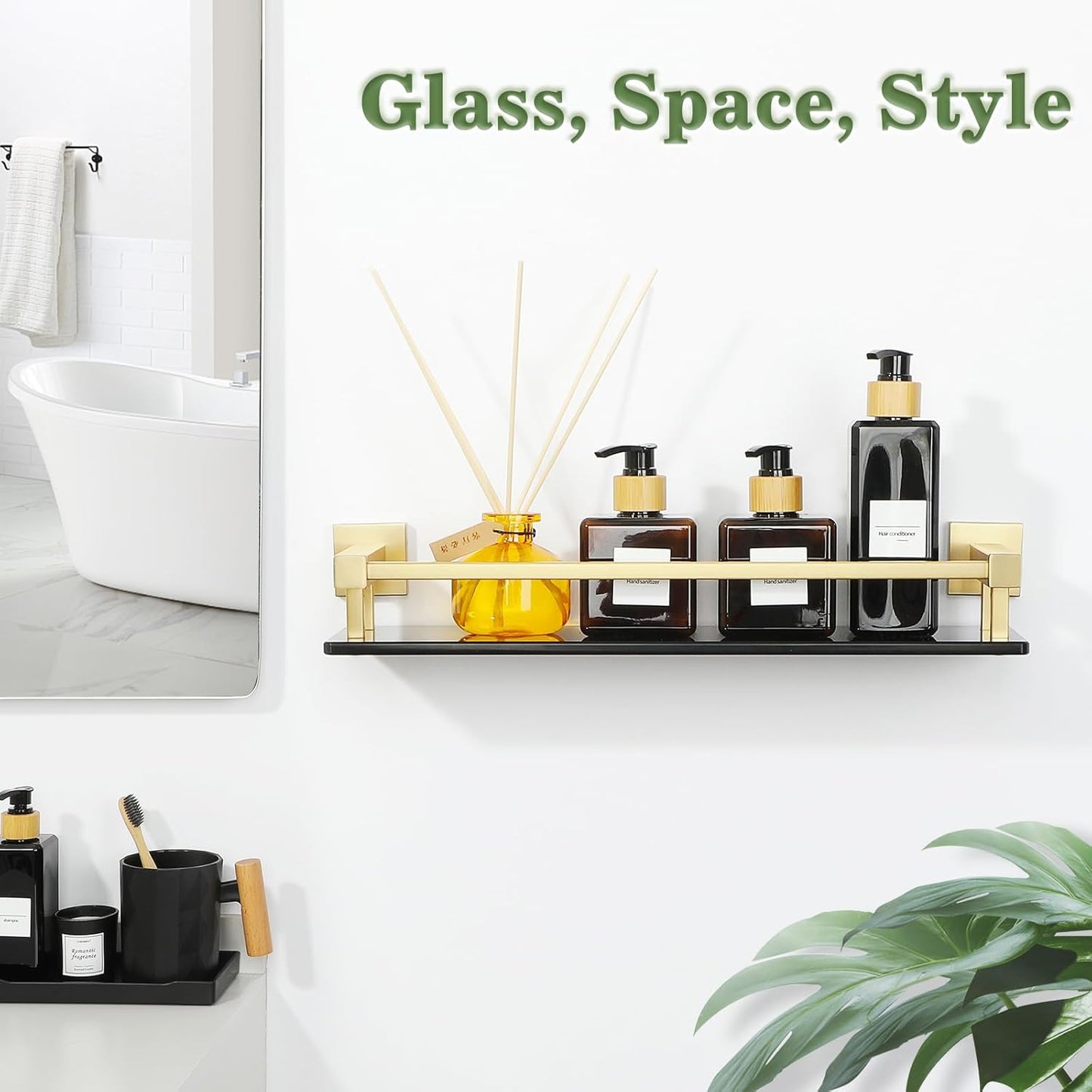 Alise Bathroom Glass Shelf with Stainless Steel Railing, Gold Small Tempered Glass Floating Wall