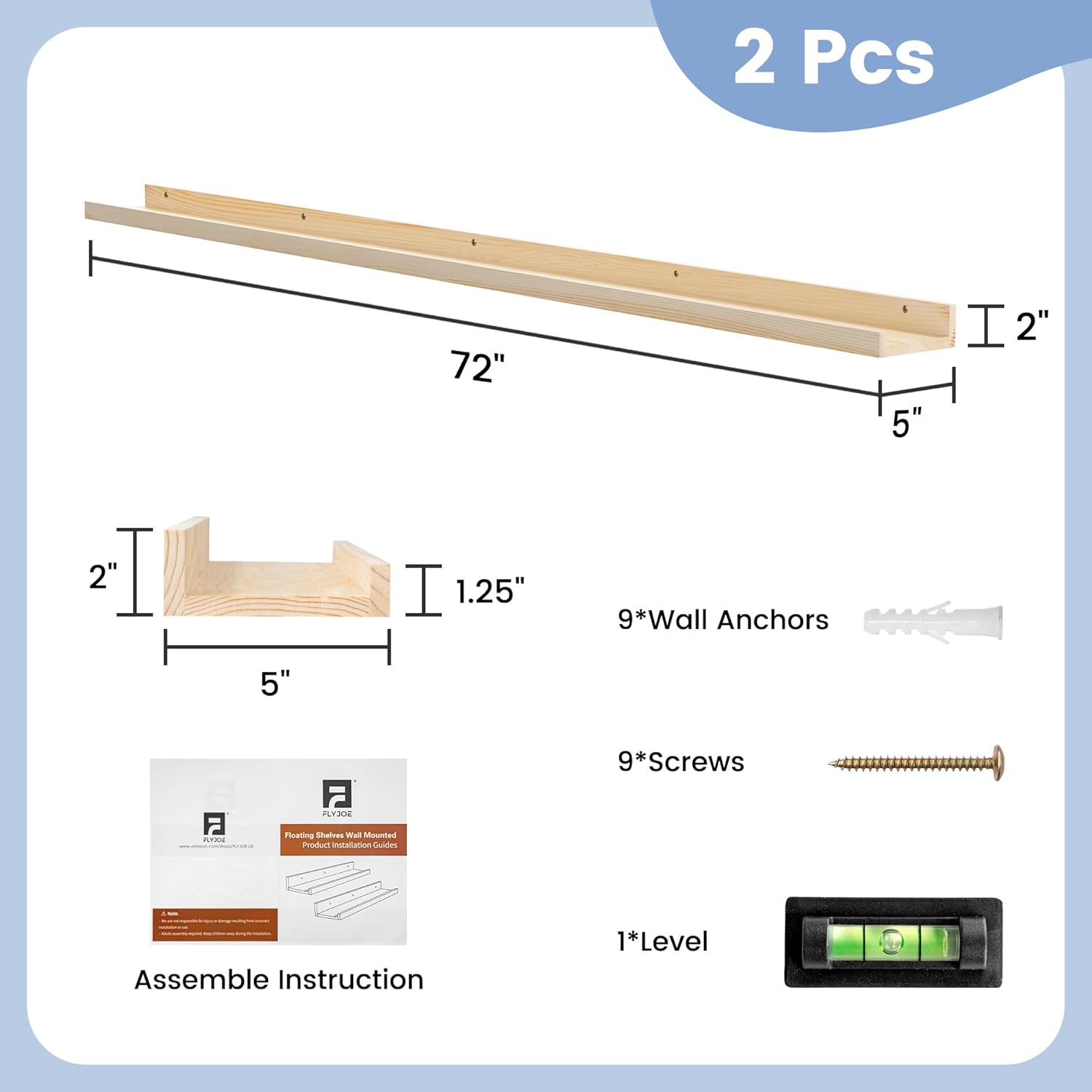 Picture Ledge Shelf, Floating Shelves Set of 2, Solid Pine Wood 72'' Long Large Nursery Book