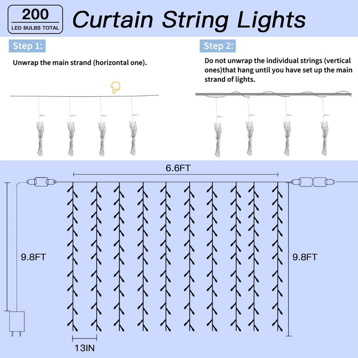 200 LED Curtain String Lights 9.8 * 6.6FT Plug in Fairy with Timer and 8 Modes, Waterproof Window