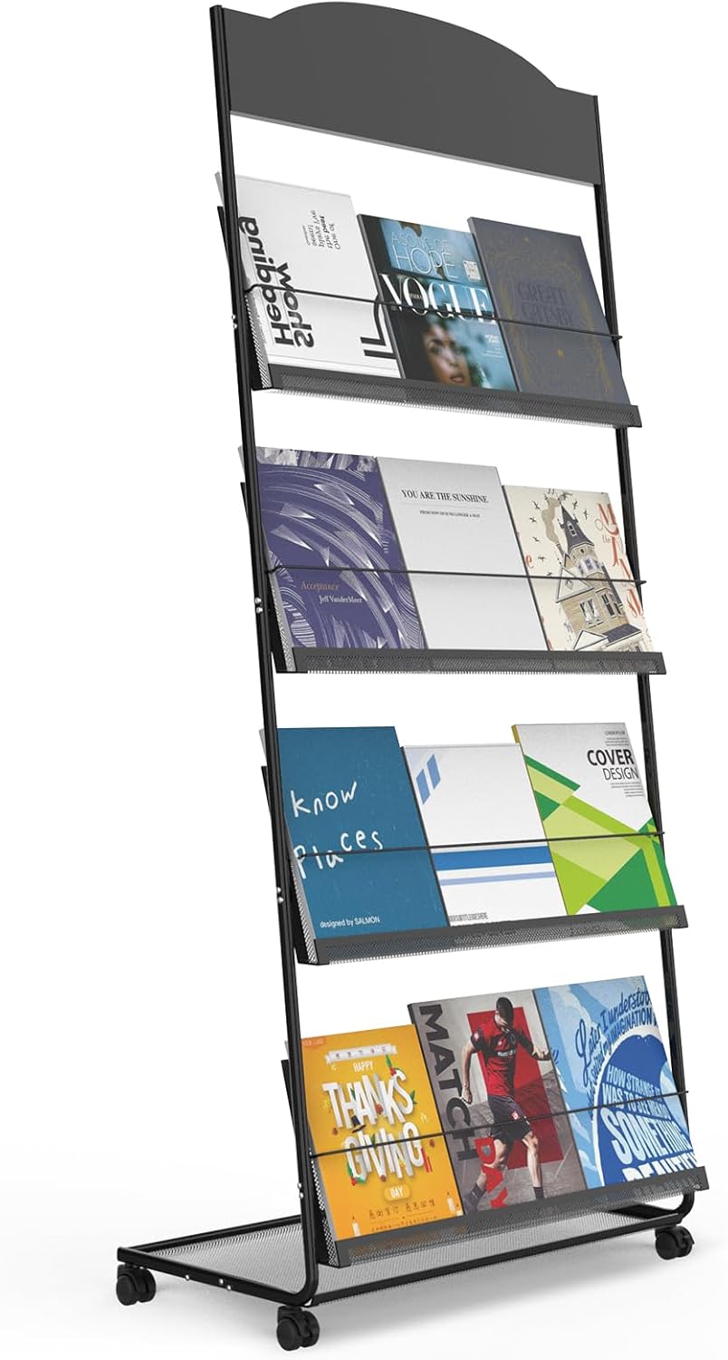 Floor-Standing Magazine Rack 4-Layer with Wheels, Semi-arched top Brochure Display Stand