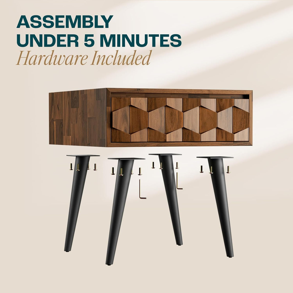 Bme Georgina Solid Wood Nightstands with Drawers - Fully Assembled Rustic Geometric Pattern Bedside