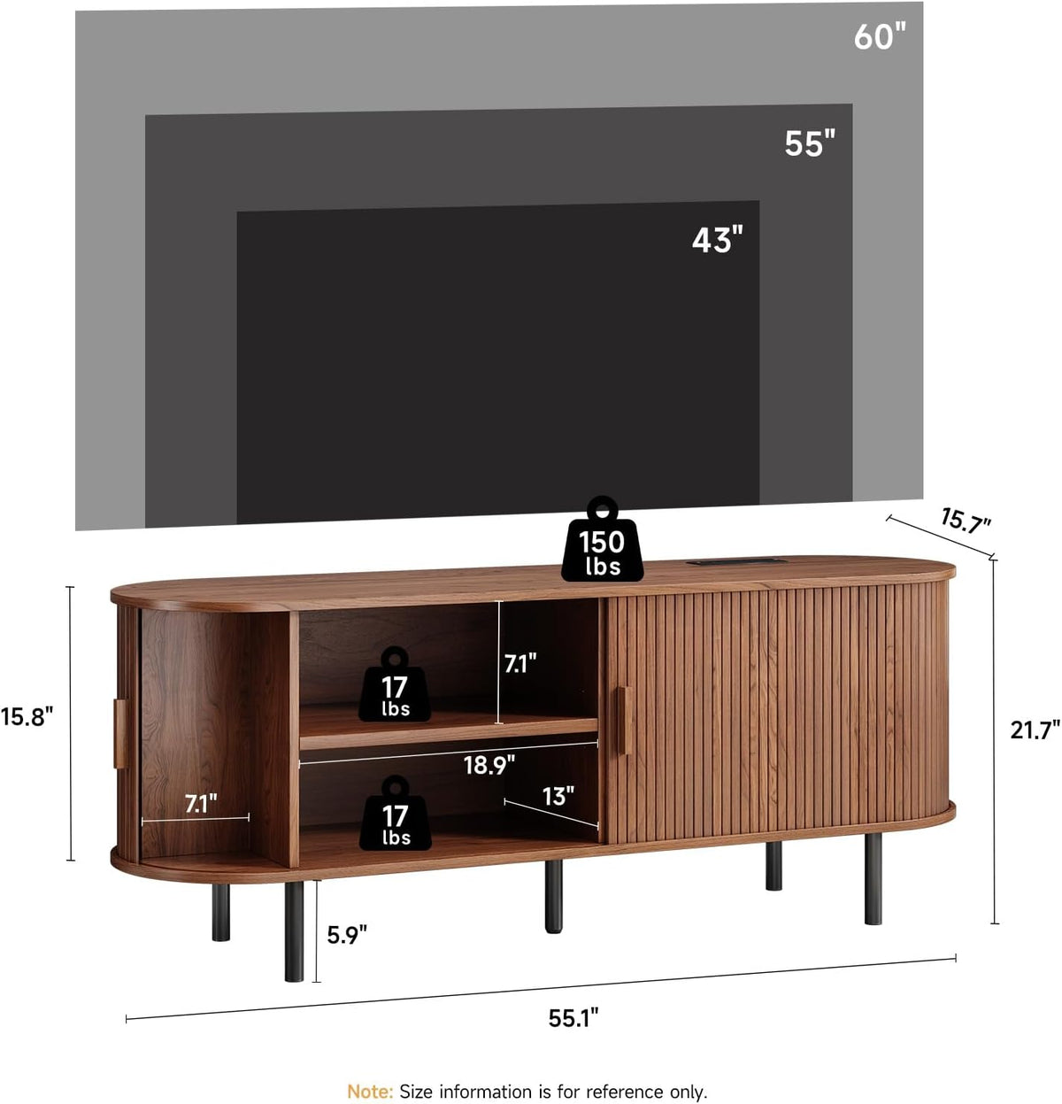 TV Stand with Power Outlet, Mid-Century Modern Television Stand, Media Console with Sliding Doors