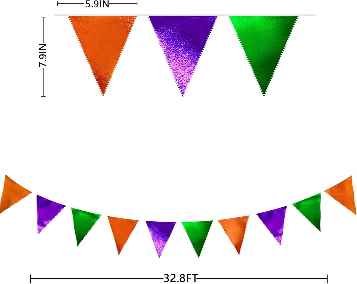 Halloween Party Decorations Metallic Fabric Green Orange Purple Triangle Pennant Banner Flag