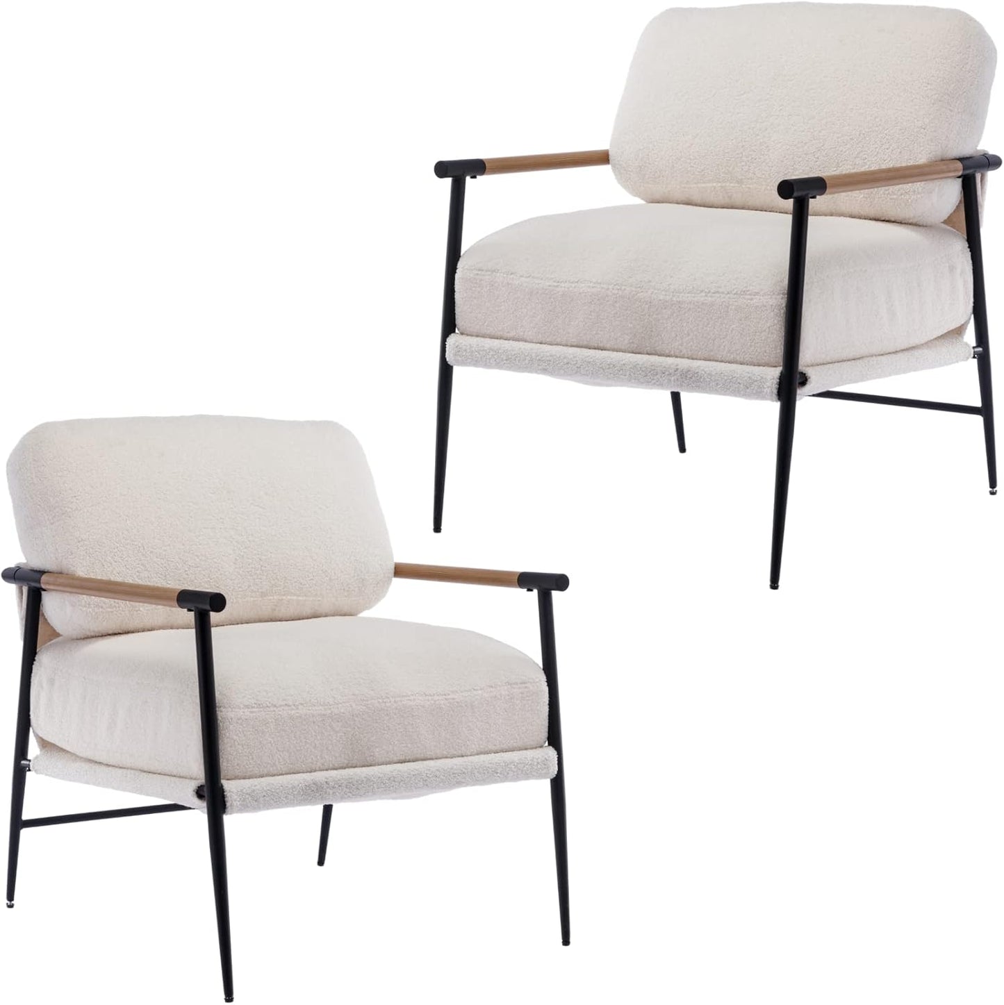Mid-Century Accent Chair Set of 2, Soft Armchair Sherpa Fabric Lounge Chair with Black Metal Legs