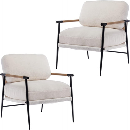 Mid-Century Accent Chair Set of 2, Soft Armchair Sherpa Fabric Lounge Chair with Black Metal Legs