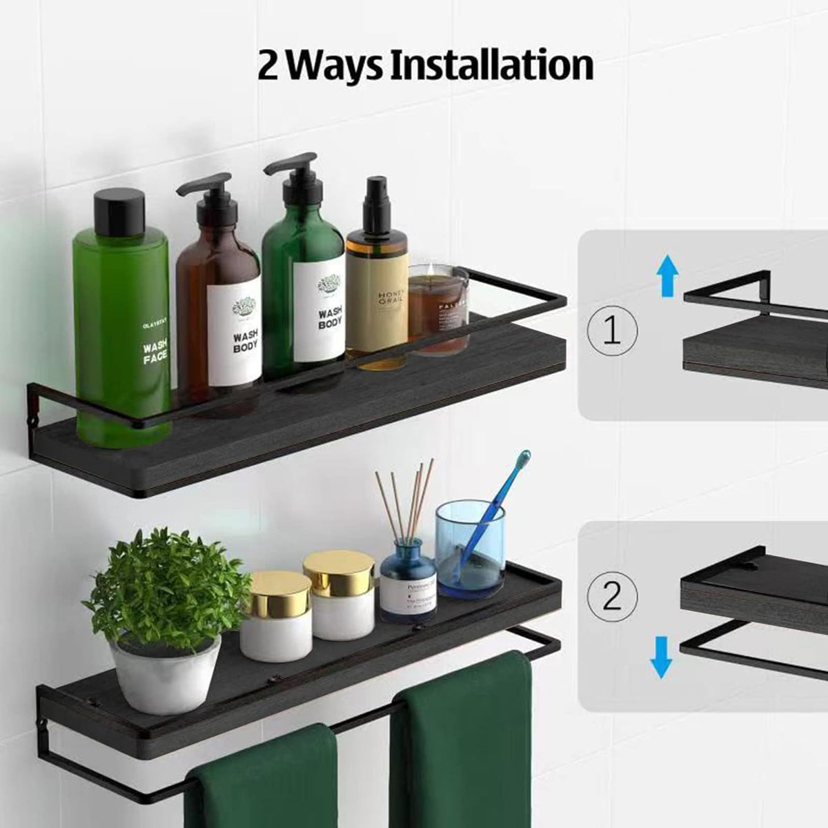 Meangood Floating Shelves Wall Mounted Set of 2, Rustic Wood Wall Storage Shelves for