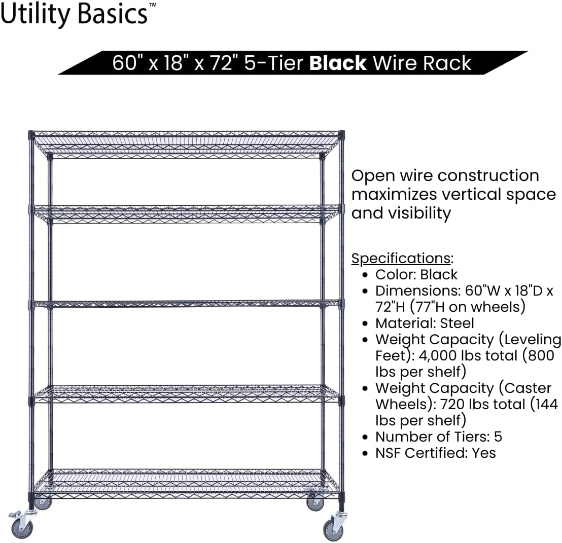 60"x18"x72" Black 5-Tier Premium Wire Shelving NSF 4000 LBS MAX Capacity Heavy Duty Steel Storage