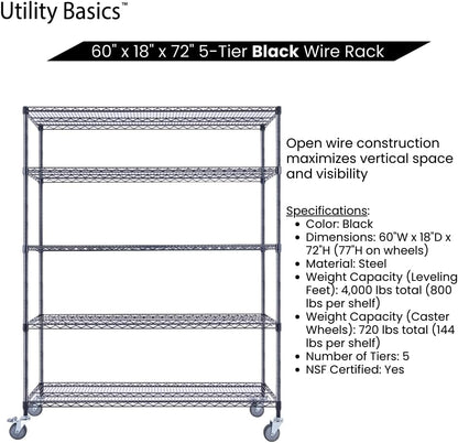 60"x18"x72" Black 5-Tier Premium Wire Shelving NSF 4000 LBS MAX Capacity Heavy Duty Steel Storage