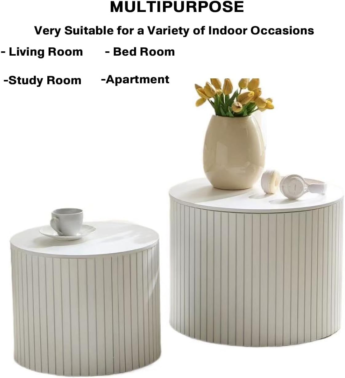 Nesting Cofee Tables Set of 2 with Storage, Modern Round Wooden Coffee Table Circle Side Tables