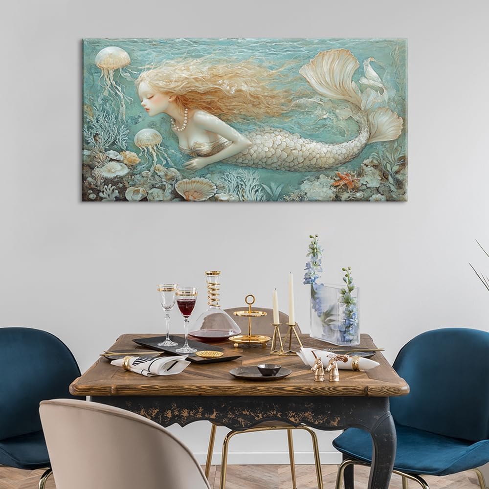 LASMOND Ocean Mermaid Wall Art for Girls Room Modern Canvas Prints Marine Organism Underwater World