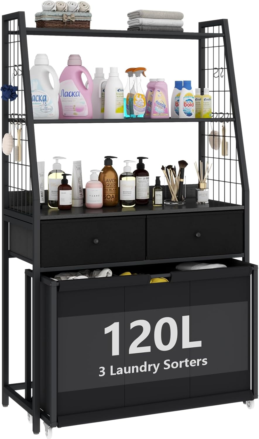 Laundry Hamper Laundry Basket with 3 Section Pull-Out Rolling Bags & 2-Tier Storage Shelf, Laundry