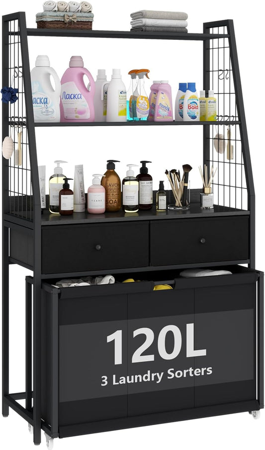Laundry Hamper Laundry Basket with 3 Section Pull-Out Rolling Bags & 2-Tier Storage Shelf, Laundry