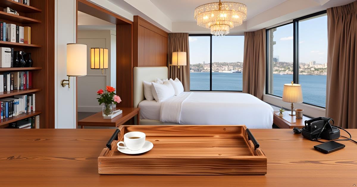 3 Piece Coffee Table Tray Decorative Nested Vintage Wood Serving Tray Set for Eating, Breakfast