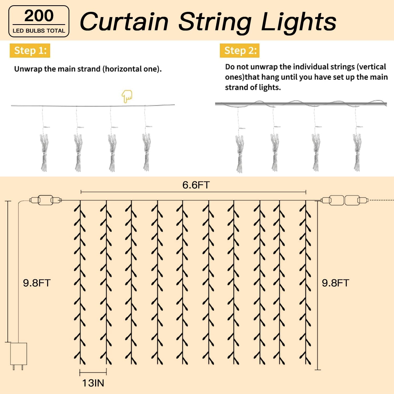 200 LED Curtain String Lights 9.8 * 6.6FT Plug in Fairy with Timer and 8 Modes, Waterproof Window