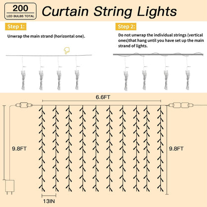200 LED Curtain String Lights 9.8 * 6.6FT Plug in Fairy with Timer and 8 Modes, Waterproof Window