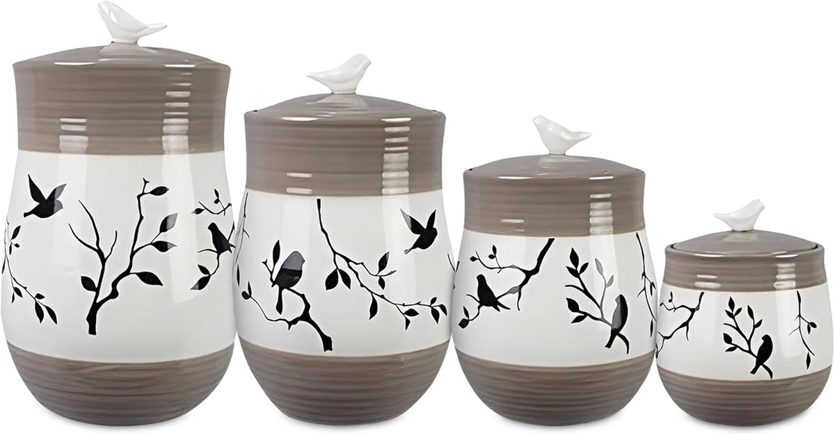 Young's Inc. 4 Pcs Set Botanical Ceramic Canisters- Storage Container for Kitchen and Bathroom