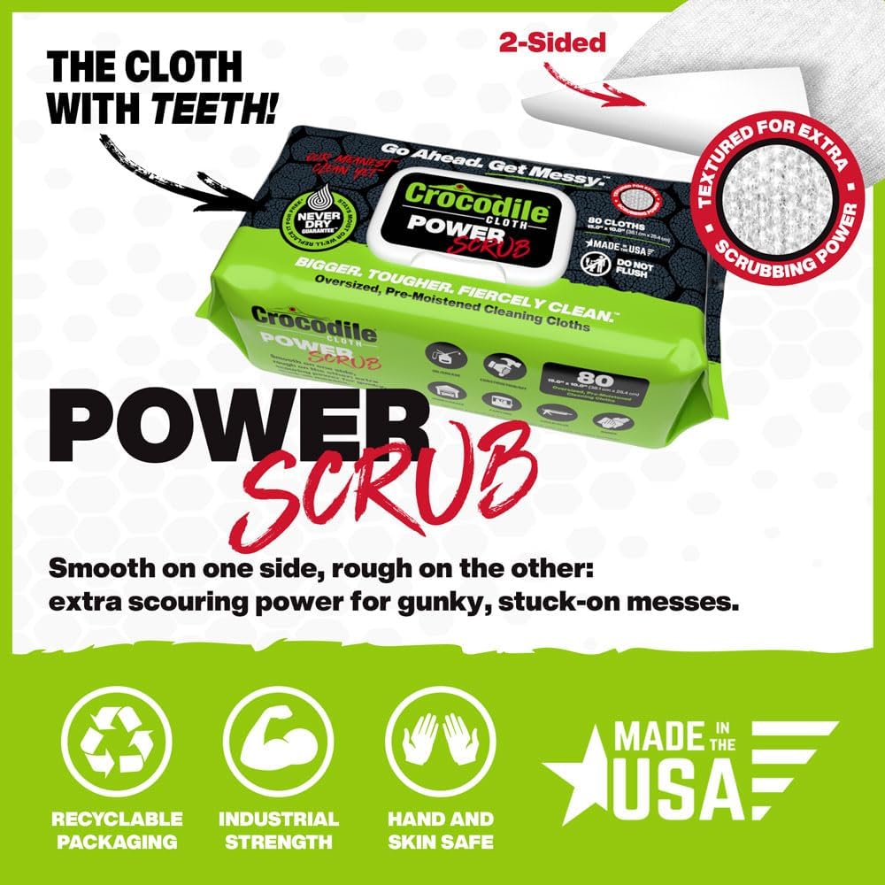 Crocodile Cloth Power Scrub - 6 pack. 480 (15" x 10") Heavy Duty Cleaning Wipes. Safe on Skin &
