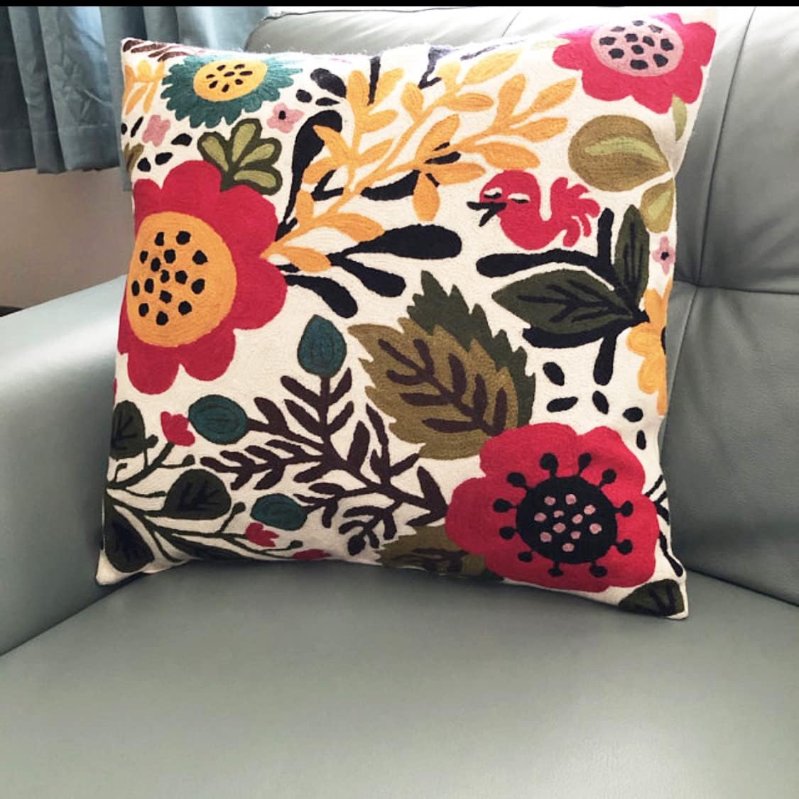 Red Polish Floral Pillow Cover Bird Flower Pillowcase Floral Outdoor Suzani Cushions Flowery Throw