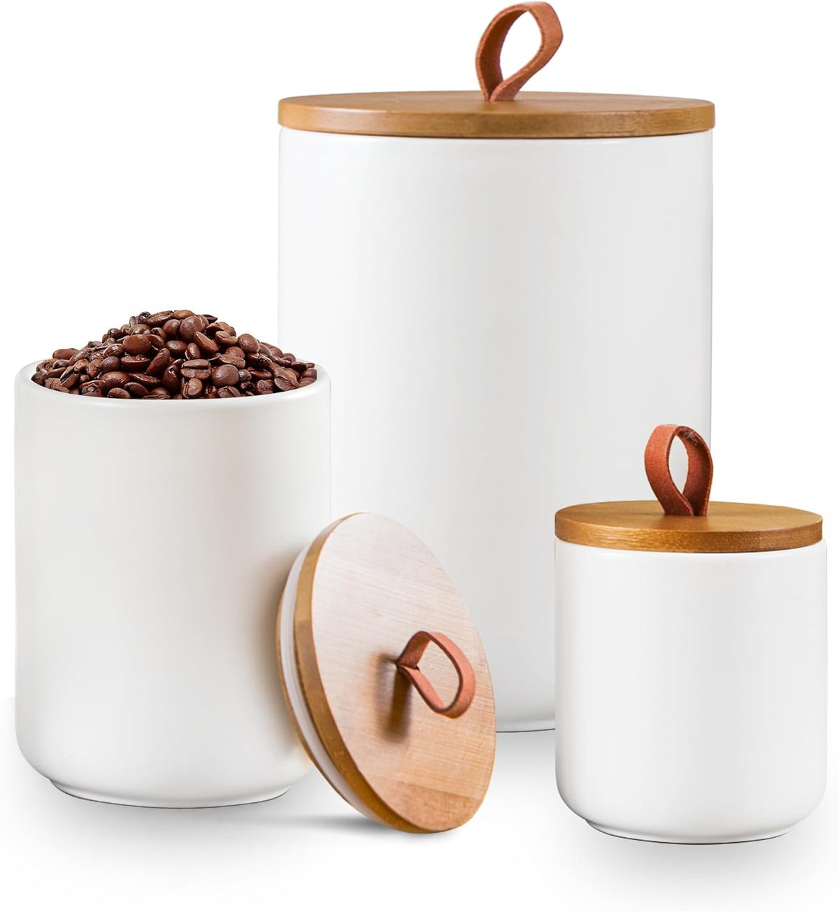 Ceramic Canister Set for Kitchen, 3pcs White Ceramic Kitchen Canisters for Countertop with Airtight
