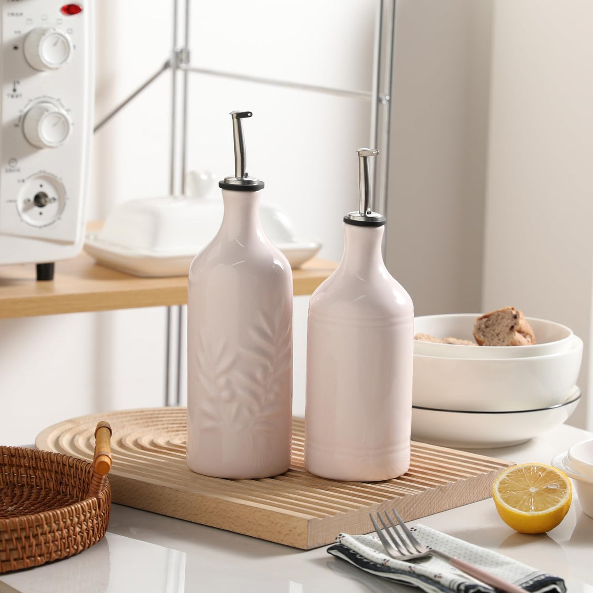 Sweejar Ceramic Olive Oil Dispenser Bottle, 20 Oz Relief Opaque Oil Cruet Protects To Reduce