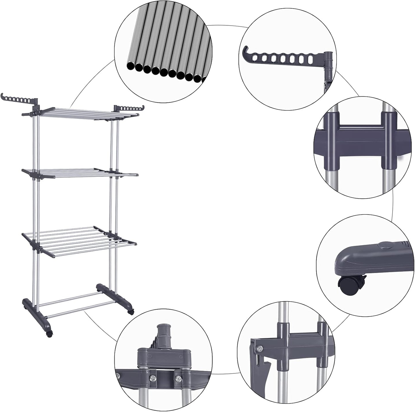 Bigzzia Clothes Drying Rack Folding Drying Rack Clothing 4 Tier Clothes Horses Rack Stainless Steel
