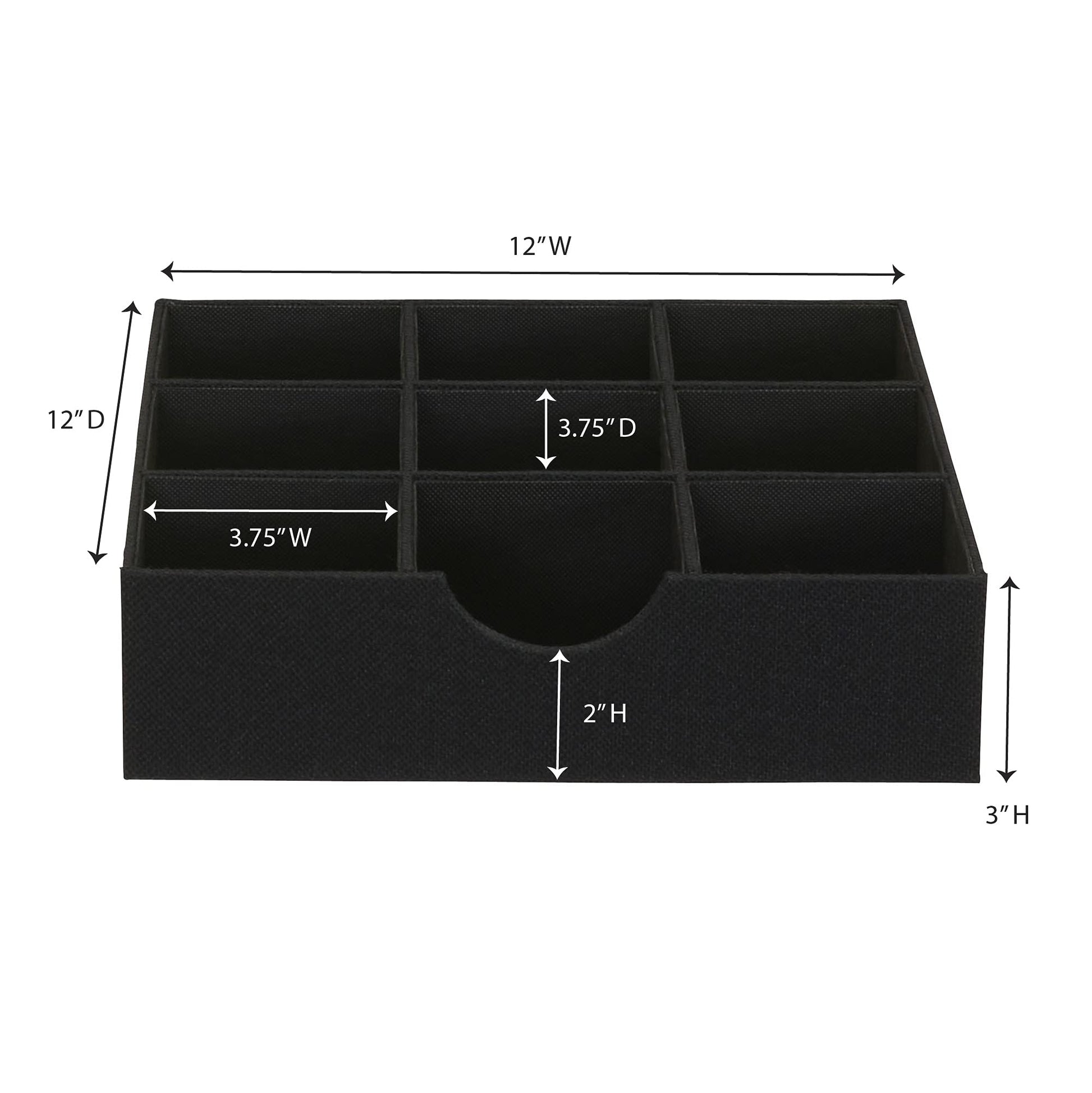 Household Essentials Drawer Organizer Tray with Fabric Cover and 9 Square Compartments, Black, Set