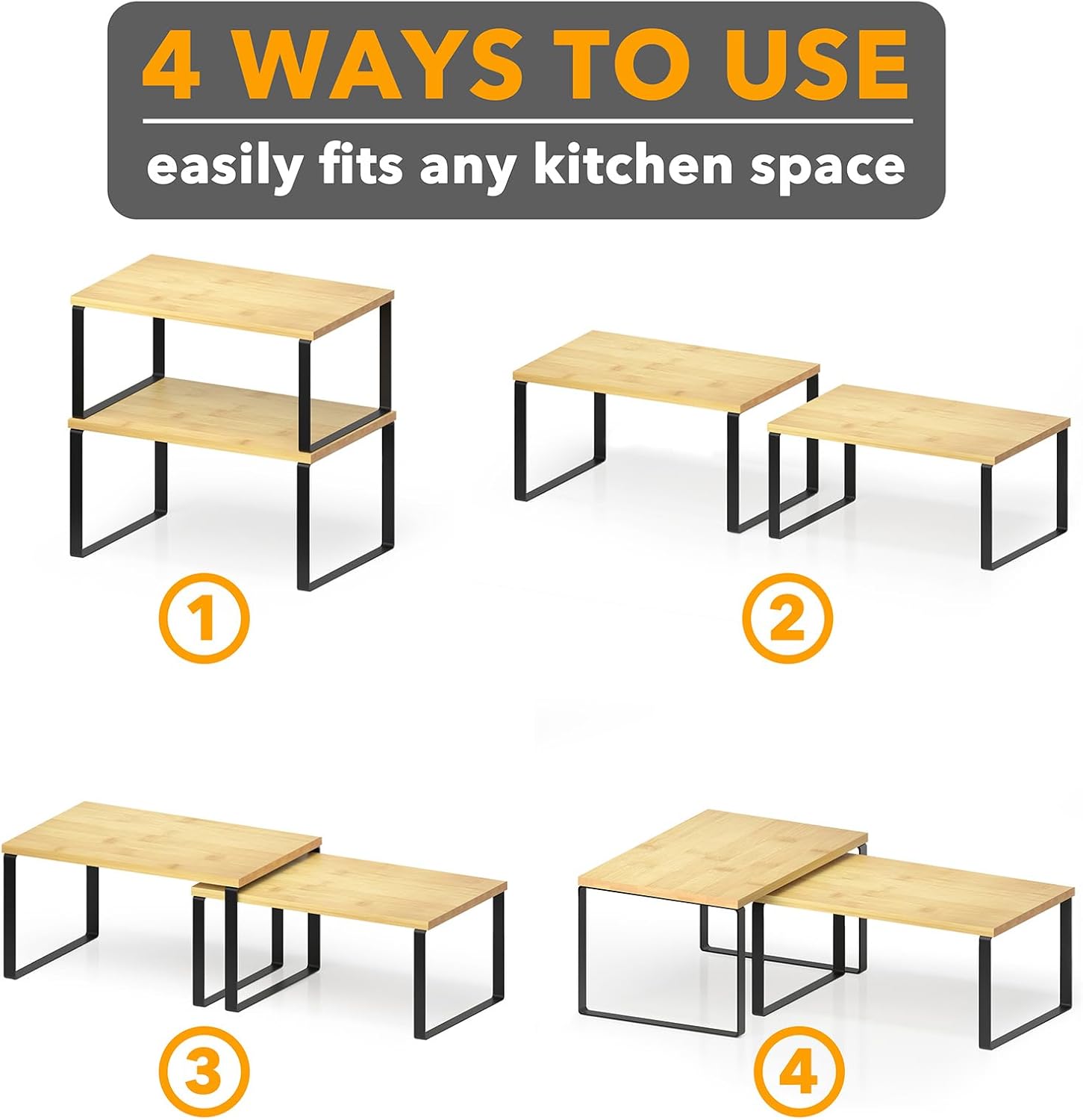 SpaceAid Cabinet Shelf Organizers 2 Pack, Kitchen Counter Rack Shelves Riser, Stackable Expandable