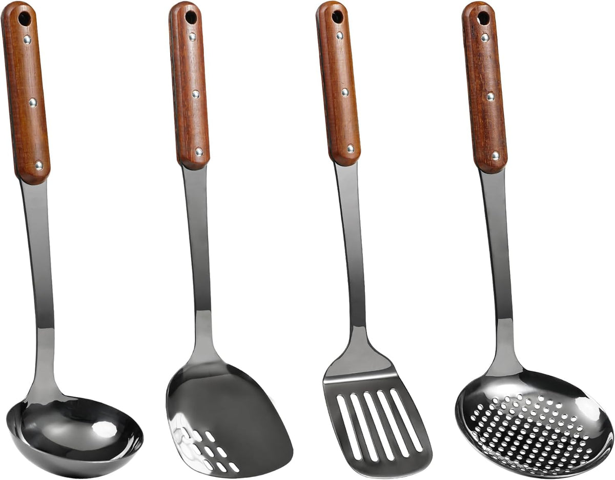 FJNATINH Stainless Steel Wok Spatula,Slotted Spatulas,Ladle,Skimmer Ladle Tool Set,Mirror Polished