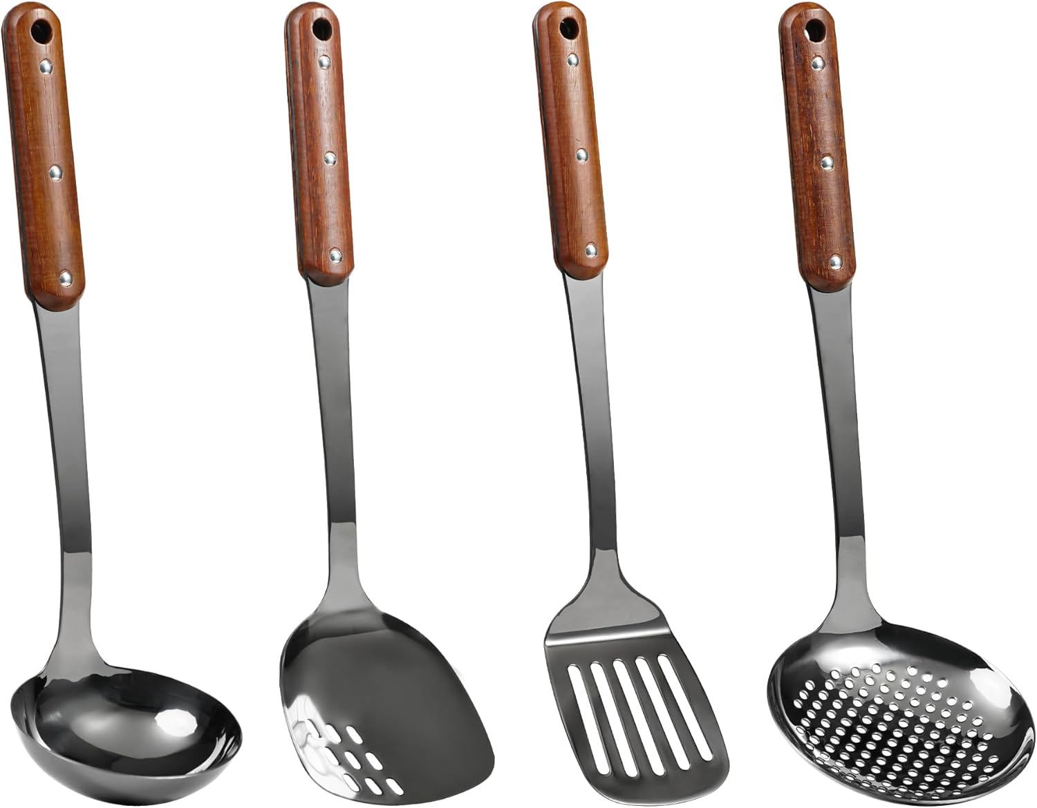 FJNATINH Stainless Steel Wok Spatula,Slotted Spatulas,Ladle,Skimmer Ladle Tool Set,Mirror Polished