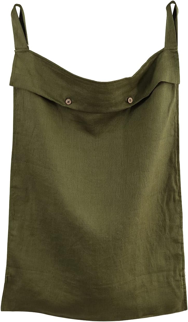 Linen Hanging Laundry Bag, 100% Linen Over The Door Laundry Hamper with Buttons and Zipper, Space