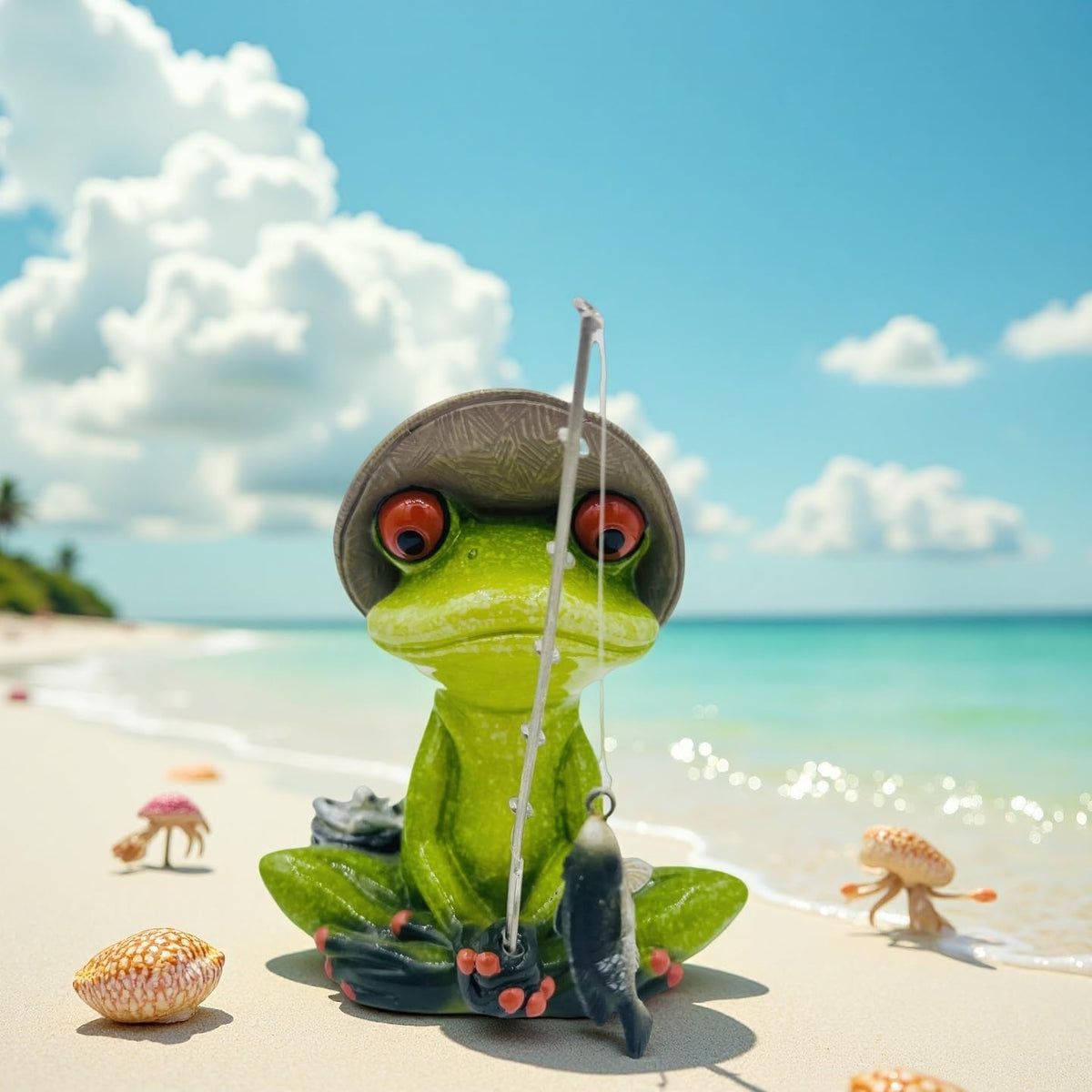 Frog Fishing Decor, Summer Garden Statues, Ocean Beach Decorations, Home Bookshelf Desktop Statues