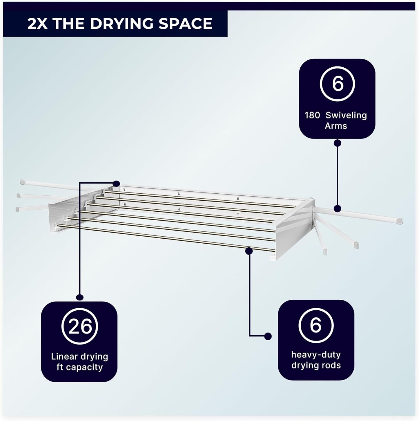MODERN-X Wall Mounted Clothes Drying Rack with 6 Swivel arms, 35”Wide, 26 Linear ft of Laundry
