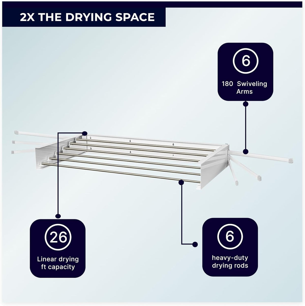 MODERN-X Wall Mounted Clothes Drying Rack with 6 Swivel arms, 35”Wide, 26 Linear ft of Laundry