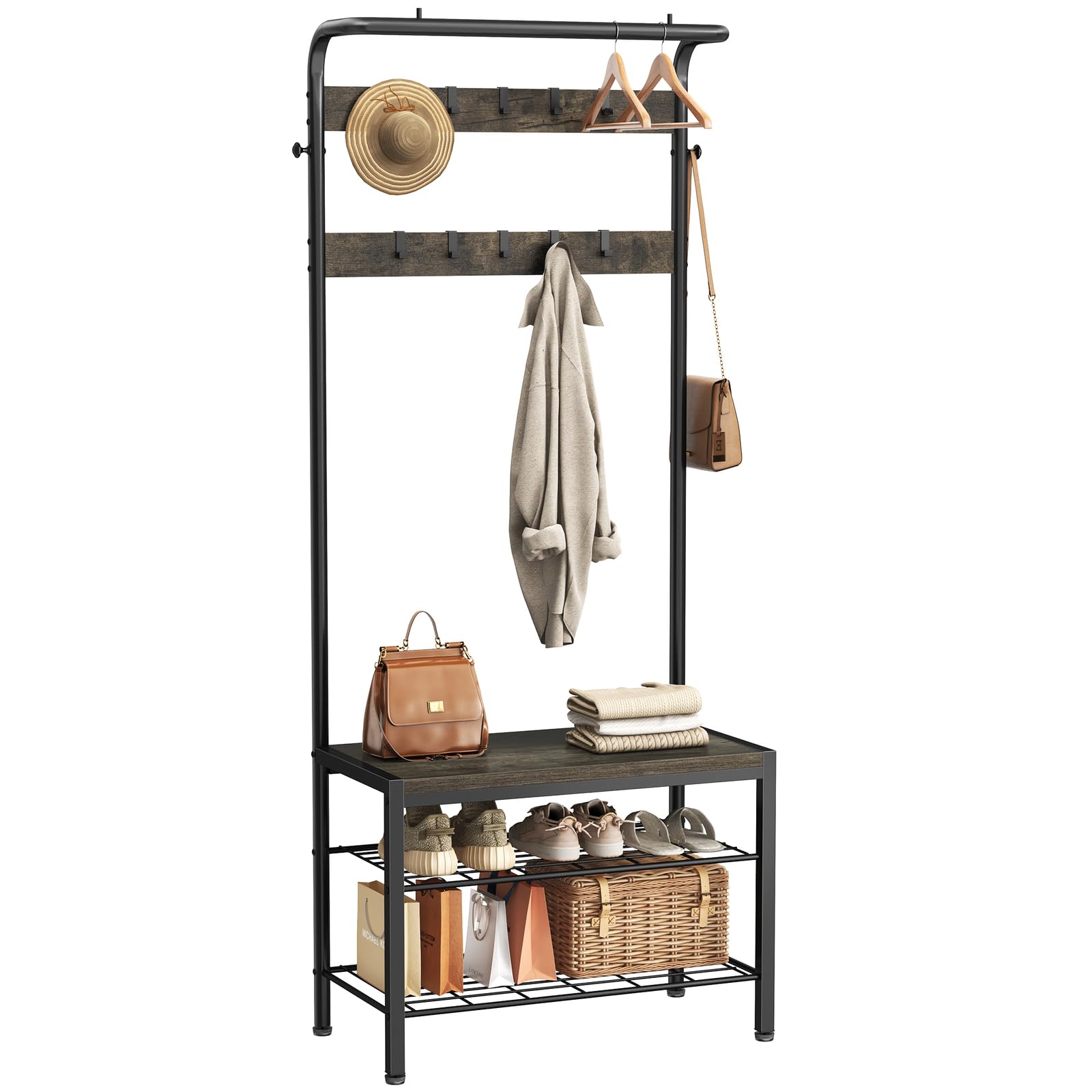 KMFurnila Hall Tree with Bench and Shoe Storage, 4-in-1 Entryway Organizer with 10 Hooks and