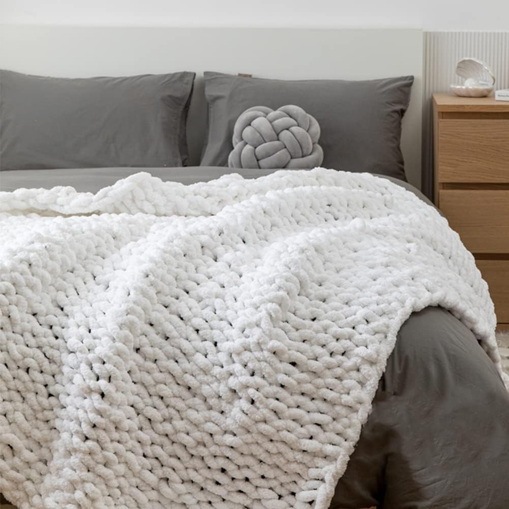 Chunky Knit Blanket Throw 40"×40", Hand Knitted Warm Chenille Throw Blanket, Home Decor Soft Thick