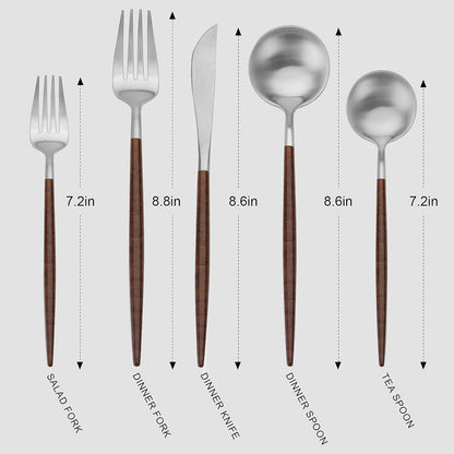 Matte Silver Silverware Set With Brown Handle, Vanys 20 Piece Stainless Steel Cutlery Flatware Set