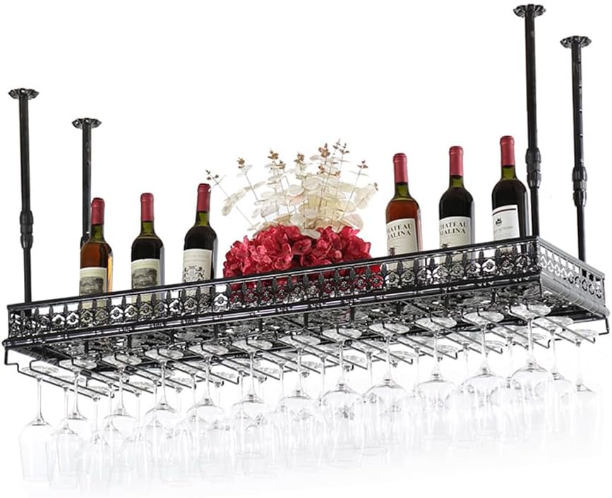 Hanging Wine Rack with Glass Holder, Ceiling Wine Glass Rack 13.78-21.65 inch Height Adjustable