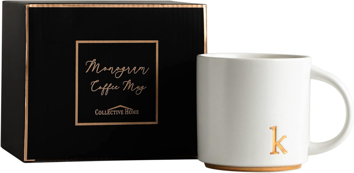 COLLECTIVE HOME - Monogram Ceramic Mugs, 15 oz Golden Initial Coffee Cups, Elegant Alphabet Tea