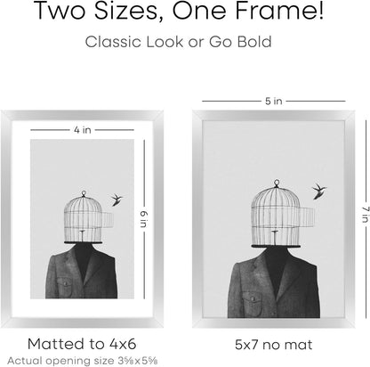 Homeforia 5x7 Picture Frame Silver, High End Metal 5 x 7 Silver Frames with Mat 4 x 6 Print, 5by7